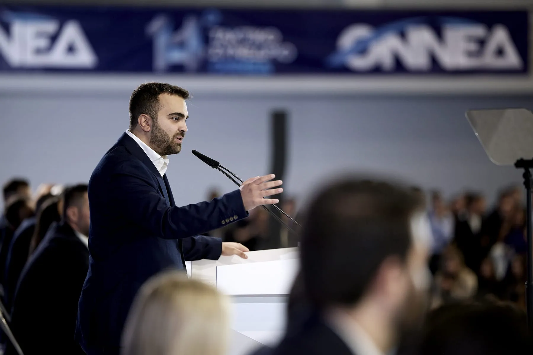 Ο Ορφέας Γεωργίου μιλά στο 14ο Τακτικό Συνέδριο της ΟΝΝΕΔ, Παιανία, Οκτώβριος 2025.